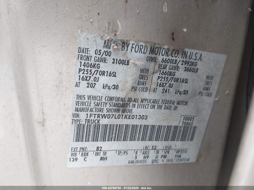 2001 Ford F150 Supercrew VIN: 1FTRW07L01KE01303 Lot: 42768700