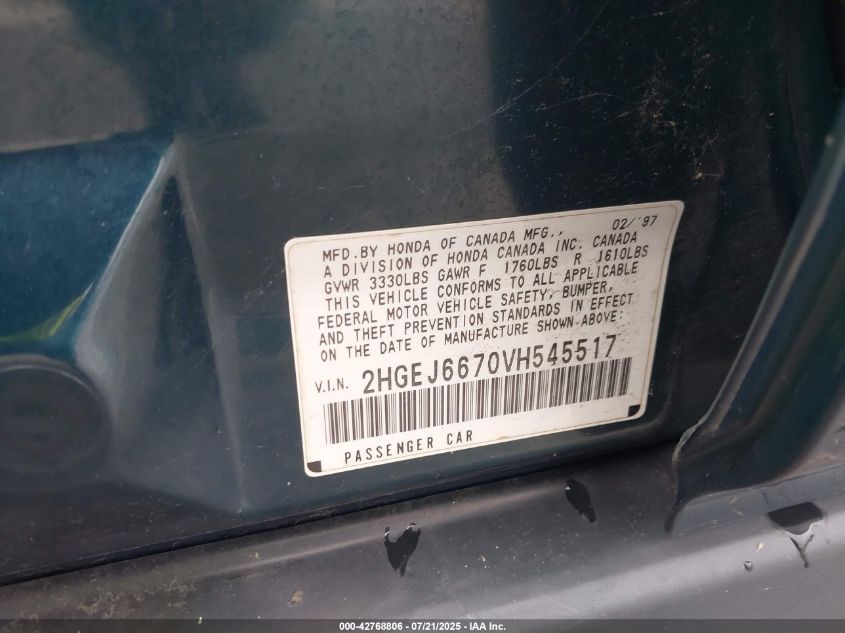 1997 Honda Civic Lx VIN: 2HGEJ6670VH545517 Lot: 42768806