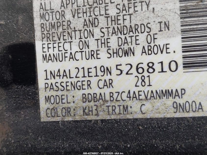 2009 Nissan Altima 2.5 S VIN: 1N4AL21E19N526810 Lot: 42768937