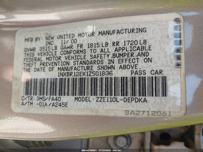 1NXBR12EX1Z501836 2001 TOYOTA COROLLA photo no. 9