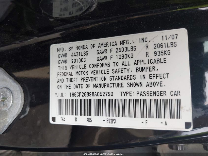 2008 Honda Accord 2.4 Ex-L VIN: 1HGCP26898A042790 Lot: 42768968