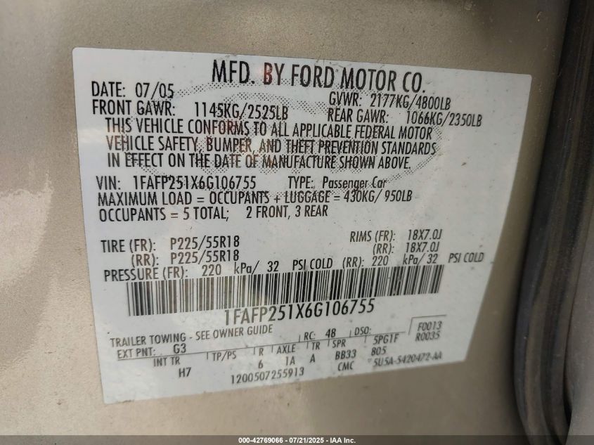 2006 Ford Five Hundred Limited VIN: 1FAFP251X6G106755 Lot: 42769066