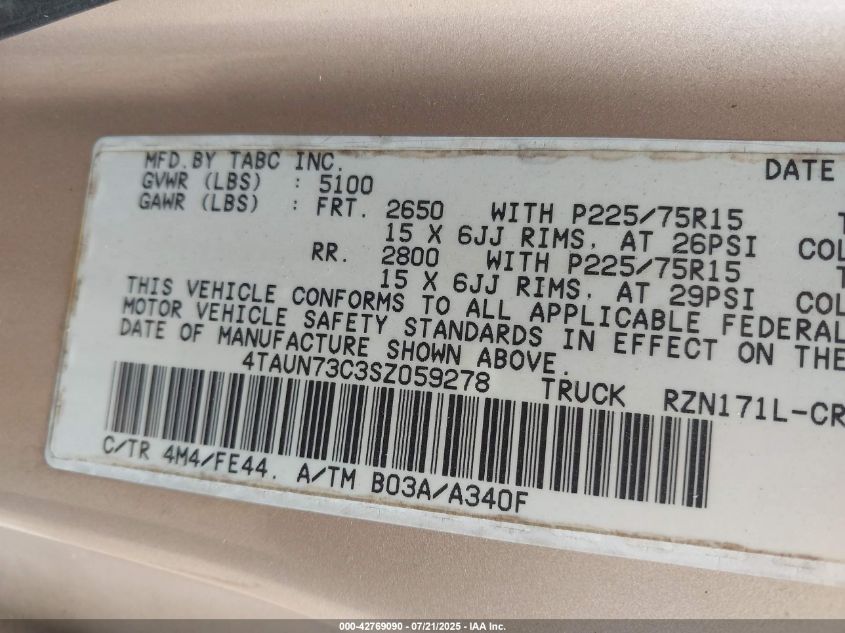 1995 Toyota Tacoma Xtracab VIN: 4TAUN73C3SZ059278 Lot: 42769090