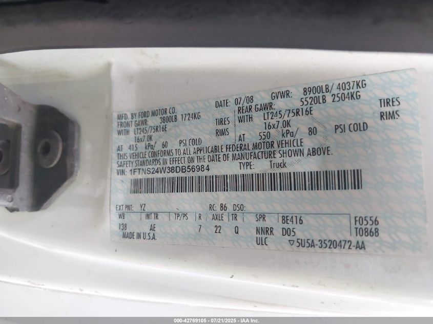 2008 Ford E-250 VIN: 1FTNS24W38DB56984 Lot: 43373336