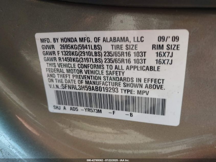 2010 Honda Odyssey Ex VIN: 5FNRL3H59AB019293 Lot: 42769362