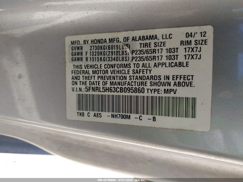 2012 Honda Odyssey Ex-L VIN: 05FNRL5H63CB09586 Lot: 42769860