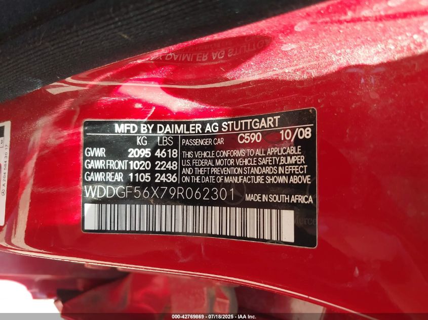 2009 Mercedes-Benz C 350 Sport VIN: WDDGF56X79R062301 Lot: 42769869