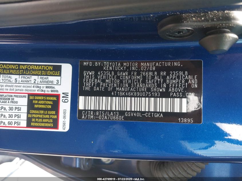 2009 Toyota Camry Xle V6 VIN: 4T1BK46K89U075193 Lot: 42769919