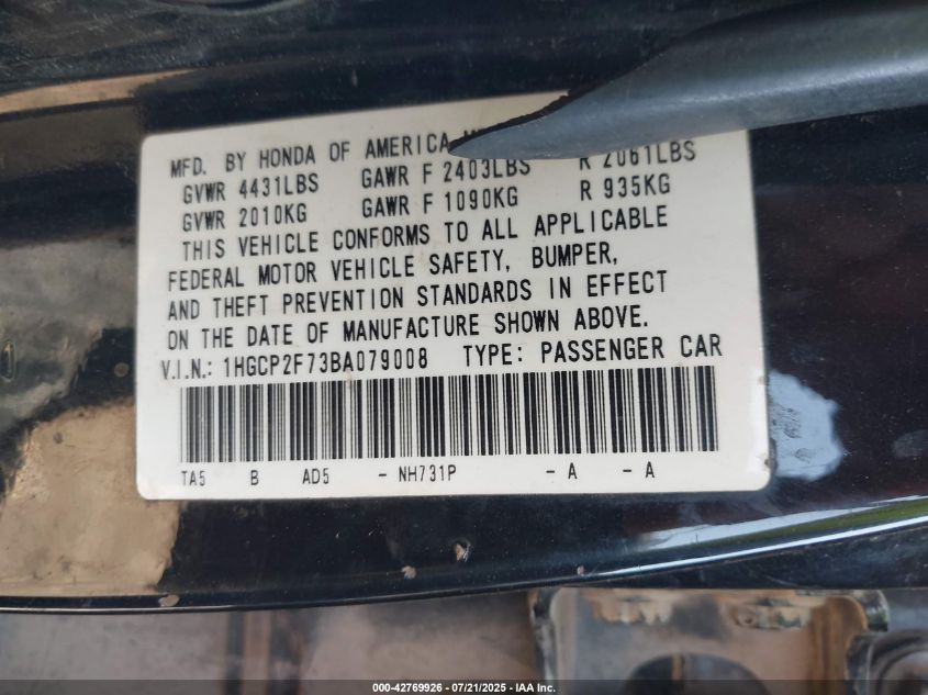 2011 Honda Accord 2.4 Ex VIN: 1HGCP2F73BA079008 Lot: 42769926