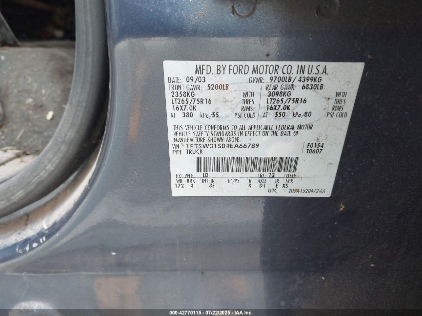 2004 Ford F-350 Lariat/Xl/Xlt VIN: 1FTSW31S04EA66789 Lot: 42770115