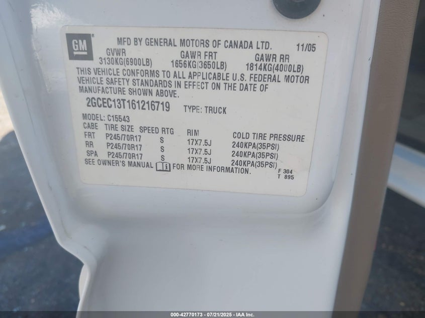 2006 Chevrolet Silverado 1500 Lt1 VIN: 2GCEC13T161216719 Lot: 42770173