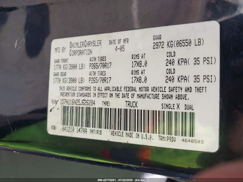 2005 Dodge Ram 1500 St VIN: 1D7HU16N25J626284 Lot: 42770201