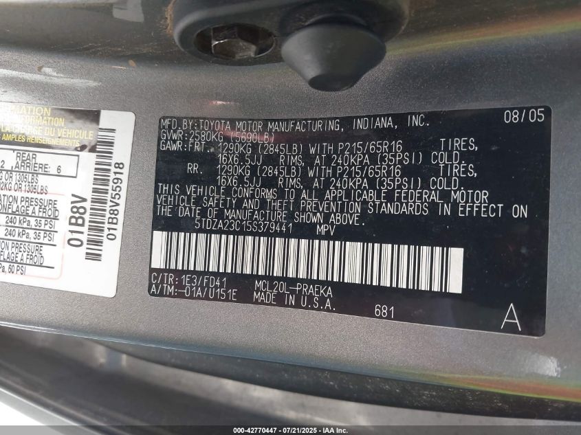 2005 Toyota Sienna Ce VIN: 5TDZA23C15S379441 Lot: 42770447