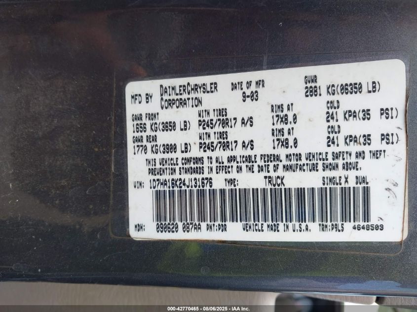 2004 Dodge Ram 1500 St VIN: 1D7HA16K24J131676 Lot: 42770465