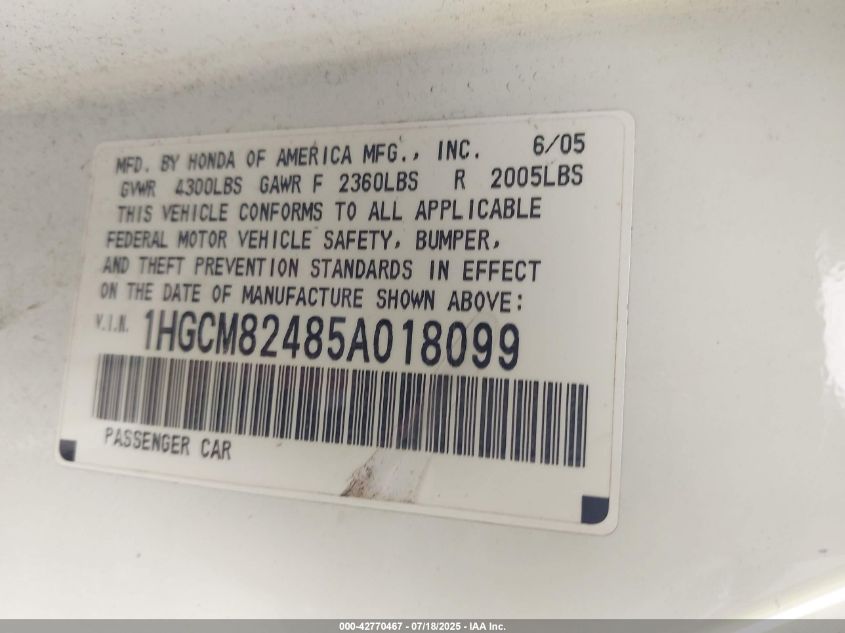 2005 Honda Accord 3.0 Lx Special Edition VIN: 1HGCM82485A018099 Lot: 42770467