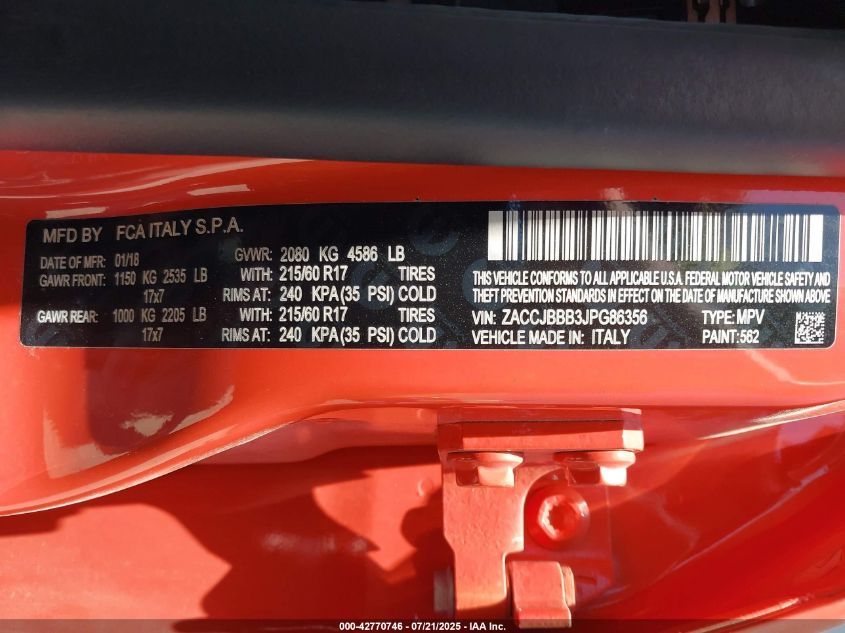 2018 Jeep Renegade Latitude 4X4 VIN: ZACCJBBB3JPG86356 Lot: 42770746