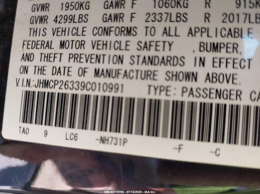 2009 Honda Accord VIN: THMCP26339C010991 Lot: 42770760