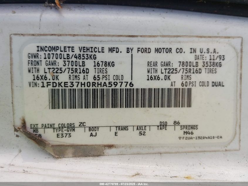 1994 Ford Econoline E350 Cutaway Van VIN: 1FDKE37H0RHA59776 Lot: 42770789