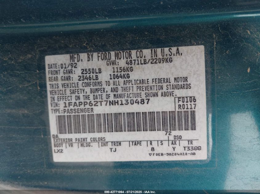1992 Ford Thunderbird Lx VIN: 1FAPP62T7NH130487 Lot: 42771064