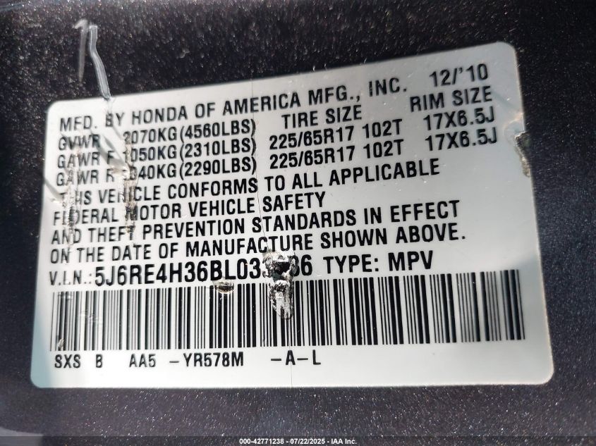 2011 Honda Cr-V Lx VIN: 5J6RE4H36BL033286 Lot: 42771238