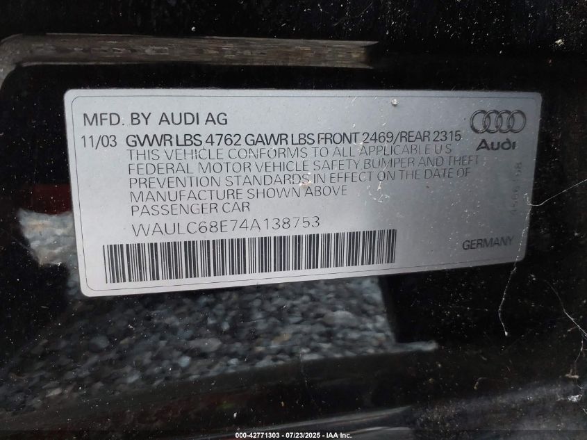 2004 Audi A4 1.8T VIN: WAULC68E74A138753 Lot: 42771303