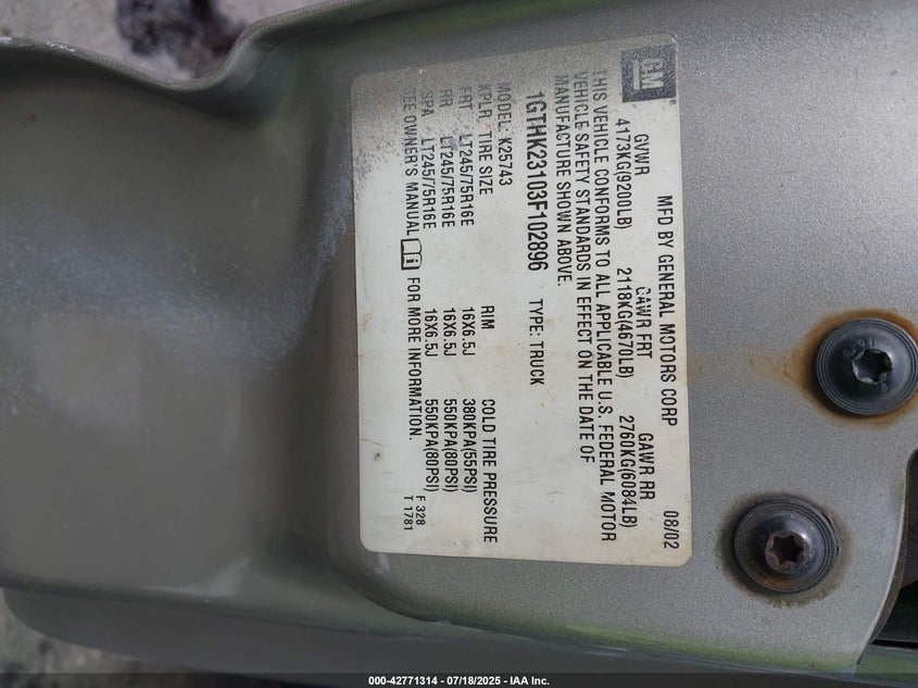 2003 GMC Sierra 2500Hd Slt VIN: 1GTHK23103F102896 Lot: 42771314