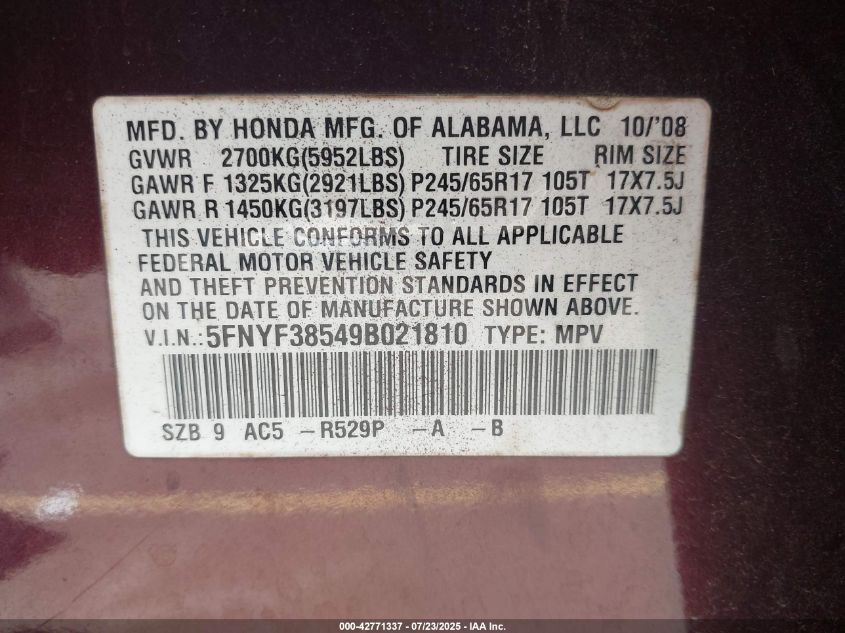 2009 Honda Pilot Ex-L VIN: 5FNYF38549B021810 Lot: 42771337