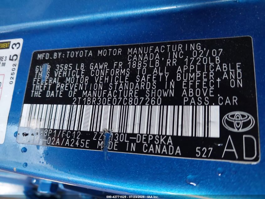 2007 Toyota Corolla S VIN: 2T1BR30E07C807260 Lot: 42771529