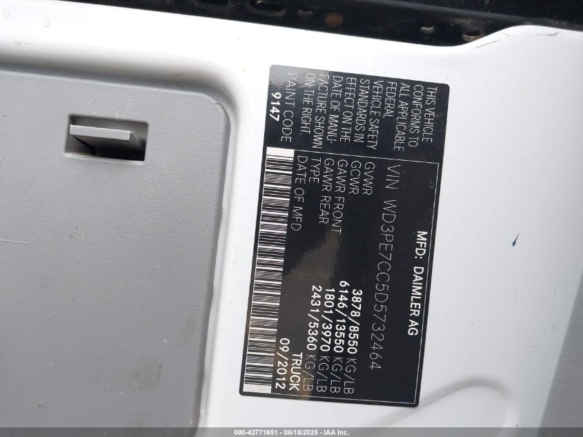 2013 Mercedes-Benz Sprinter 2500 Normal Roof VIN: WD3PE7CC5D5732464 Lot: 42771651