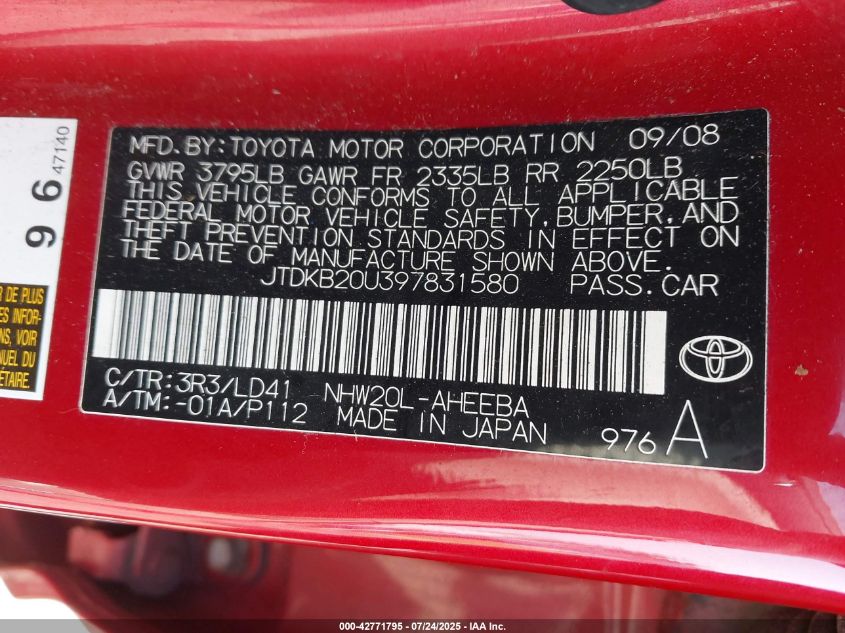 2009 Toyota Prius Touring VIN: JTDKB20U397831580 Lot: 42771795