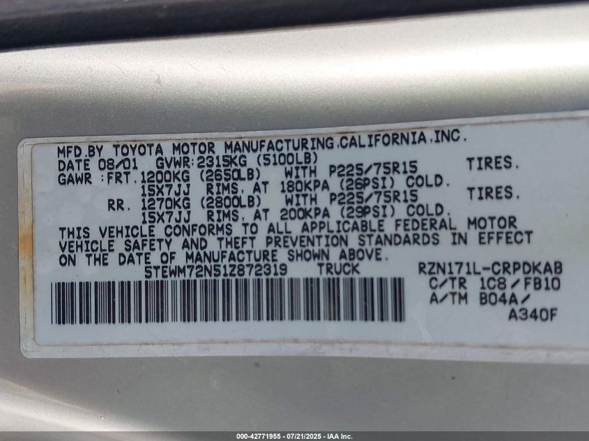 2001 Toyota Tacoma VIN: 5TEWM72N51Z872319 Lot: 42771955