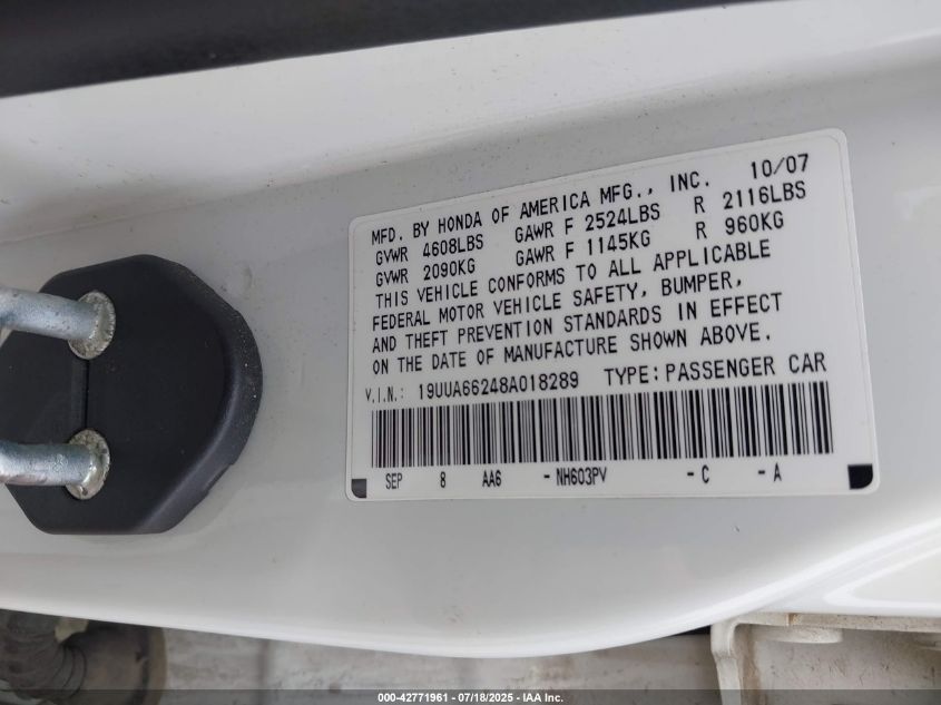 2008 Acura Tl 3.2 VIN: 19UUA66248A018289 Lot: 42771961