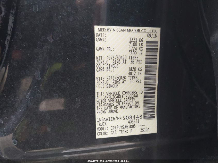 2017 Nissan Titan Platinum Reserve VIN: 1N6AA1E67HN508448 Lot: 42771999