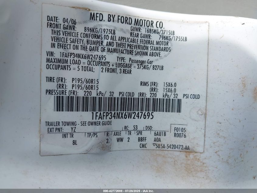 2006 Ford Focus Zx4 VIN: 1FAFP34NX6W247695 Lot: 42772008