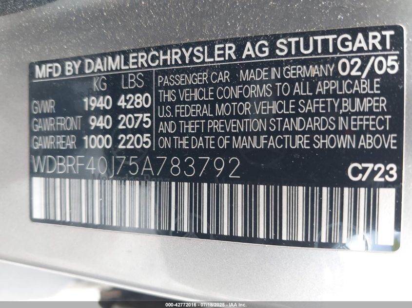 2005 Mercedes-Benz C 230 Kompressor Sport VIN: WDBRF40J75A783792 Lot: 42772016