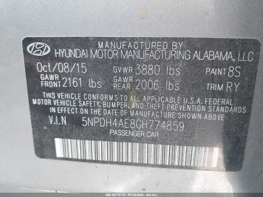 2016 Hyundai Elantra Value Edition VIN: 5NPDH4AE8GH774859 Lot: 42772116