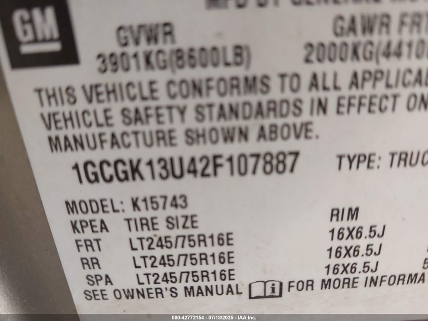 2002 Chevrolet Silverado 1500Hd Lt VIN: 1GCGK13U42F107887 Lot: 42772154