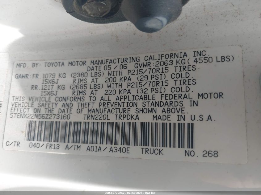2006 Toyota Tacoma VIN: 5TENX22N56Z273160 Lot: 42772242