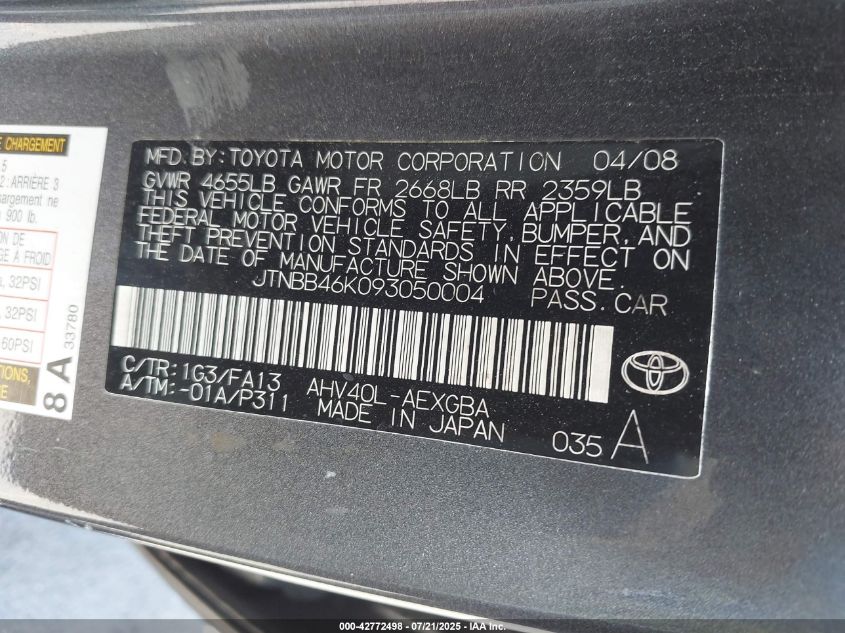 2009 Toyota Camry Hybrid VIN: JTNBB46K093050004 Lot: 42772498