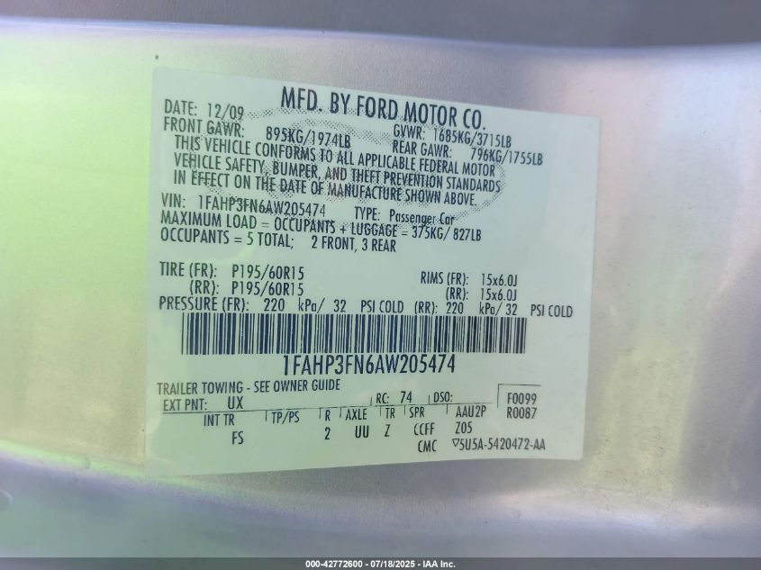 2010 Ford Focus Se VIN: 1FAHP3FN6AW205474 Lot: 42772600
