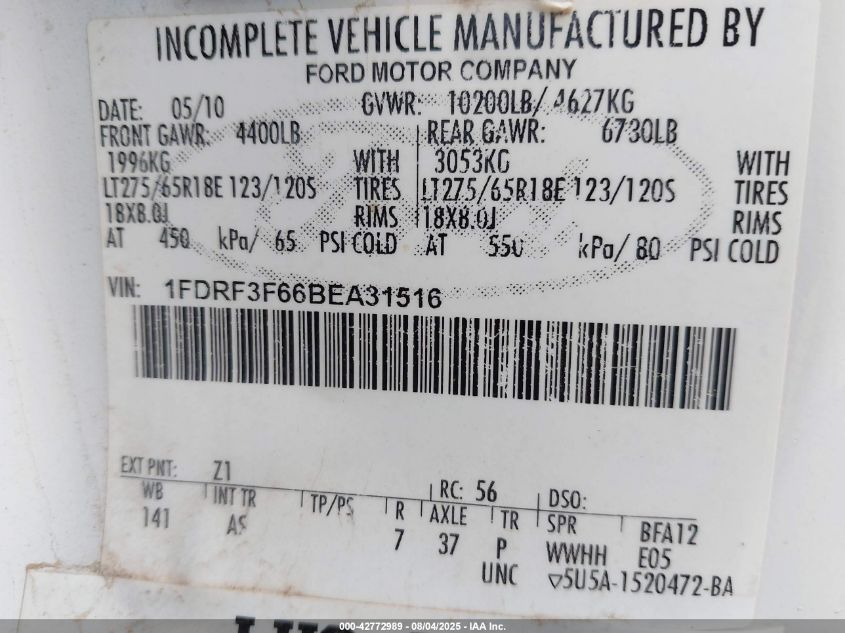 2011 Ford F-350 Chassis Xl VIN: 1FDRF3F66BEA31516 Lot: 42772989