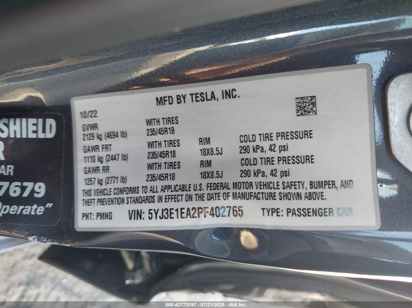 2023 Tesla Model 3 Rear-Wheel Drive VIN: 5YJ3E1EA2PF402765 Lot: 42773197