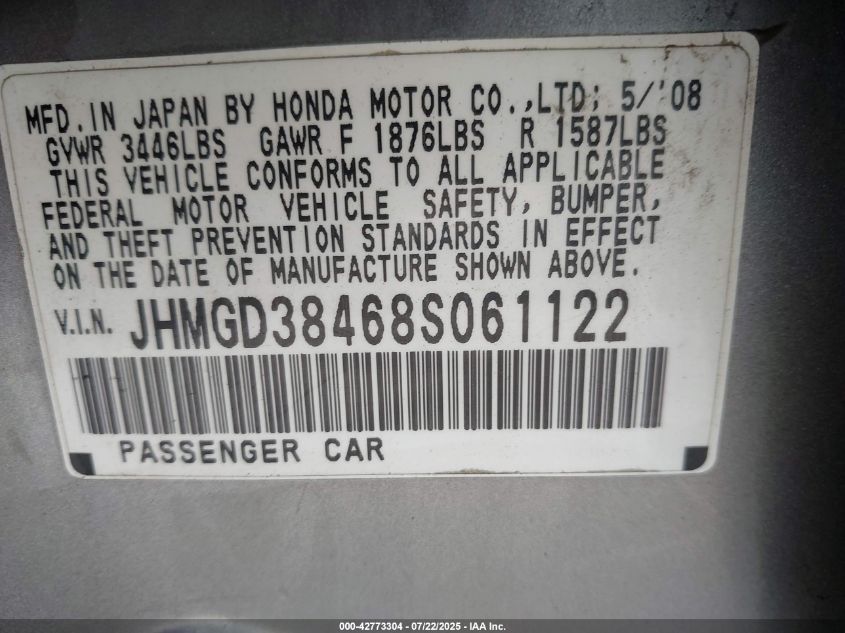 2008 Honda Fit VIN: JHMGD38468S061122 Lot: 42773304
