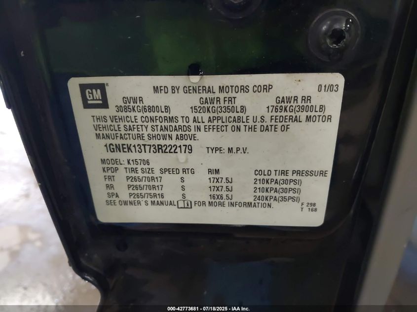 2003 Chevrolet Tahoe Z71 VIN: 1GNEK13T73R222179 Lot: 42773681