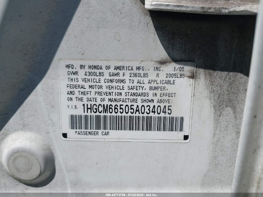 2005 Honda Accord 3.0 Ex VIN: 1HGCM66505A034045 Lot: 42773706