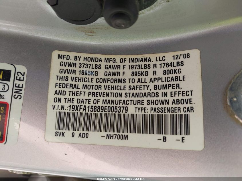 2009 Honda Civic Ex VIN: 19XFA15889E005379 Lot: 42774574