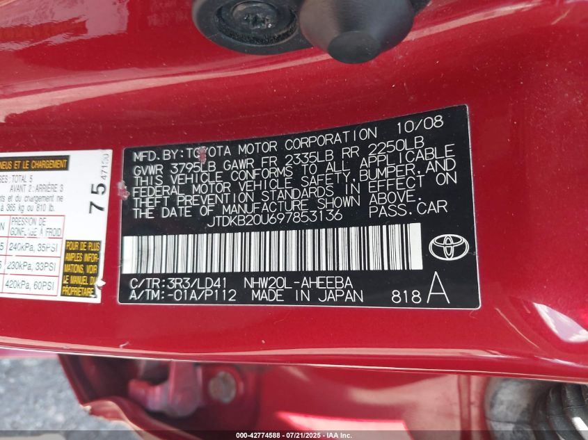 2009 Toyota Prius VIN: JTDKB20U697853136 Lot: 42774588