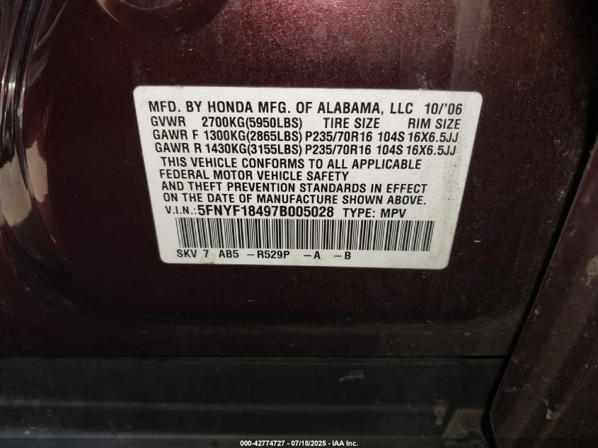 2007 Honda Pilot Ex VIN: 5FNYF18497B005028 Lot: 42774727