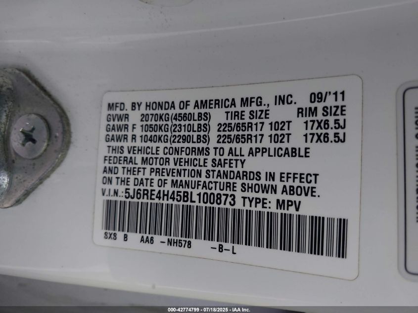 2011 Honda Cr-V Se VIN: 5J6RE4H45BL100873 Lot: 42774799