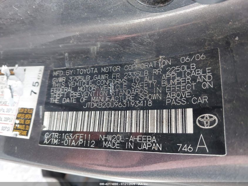 2006 Toyota Prius VIN: JTDKB20U963193418 Lot: 42774880